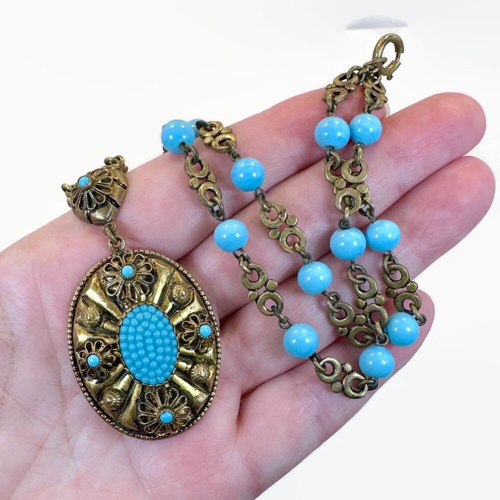 Art Deco Necklace, Czech, Glass, Brass, Robins Egg Blue, Ornate, Vintage, 1930s